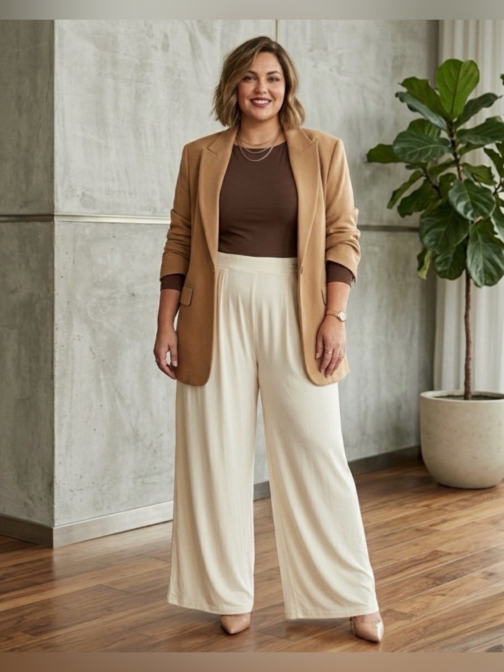 Chic Buttercream Self-Double Layer Wide Leg Women’s Pants